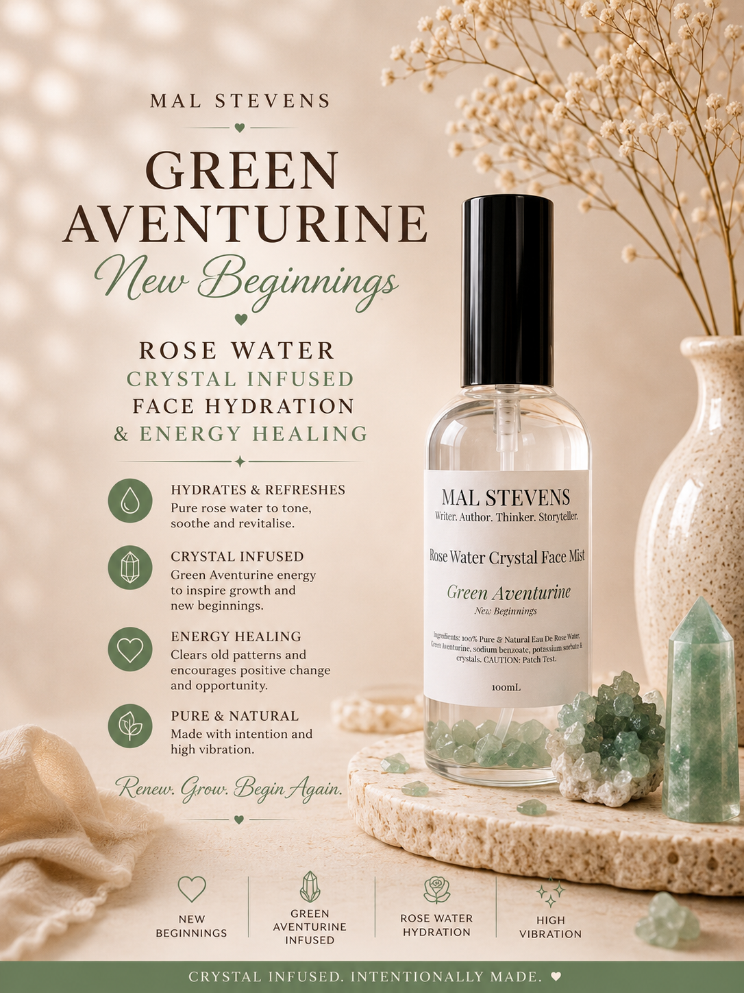 Rose Water Crystal Face Mist – Green Aventurine | New Beginnings